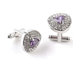 Khuy măng set mặt tam giác màu bạc đính đá màu tím