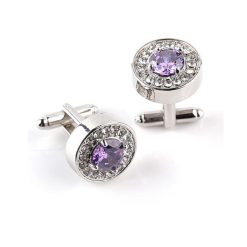 Khuy măng set mặt tròn đính đá màu tím cao cấp