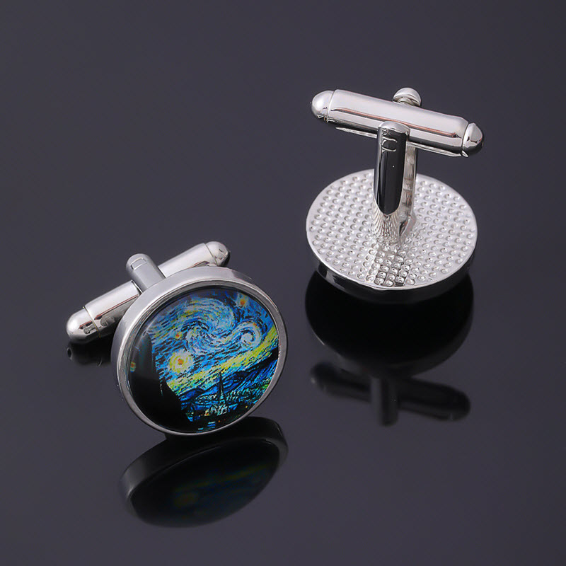 Khuy măng set màu bạc mặt tròn họa tiết giải ngân hà cao cấp làm quà tặng bạn trai, sếp nam, bố, anh - em trai... - Ảnh 2